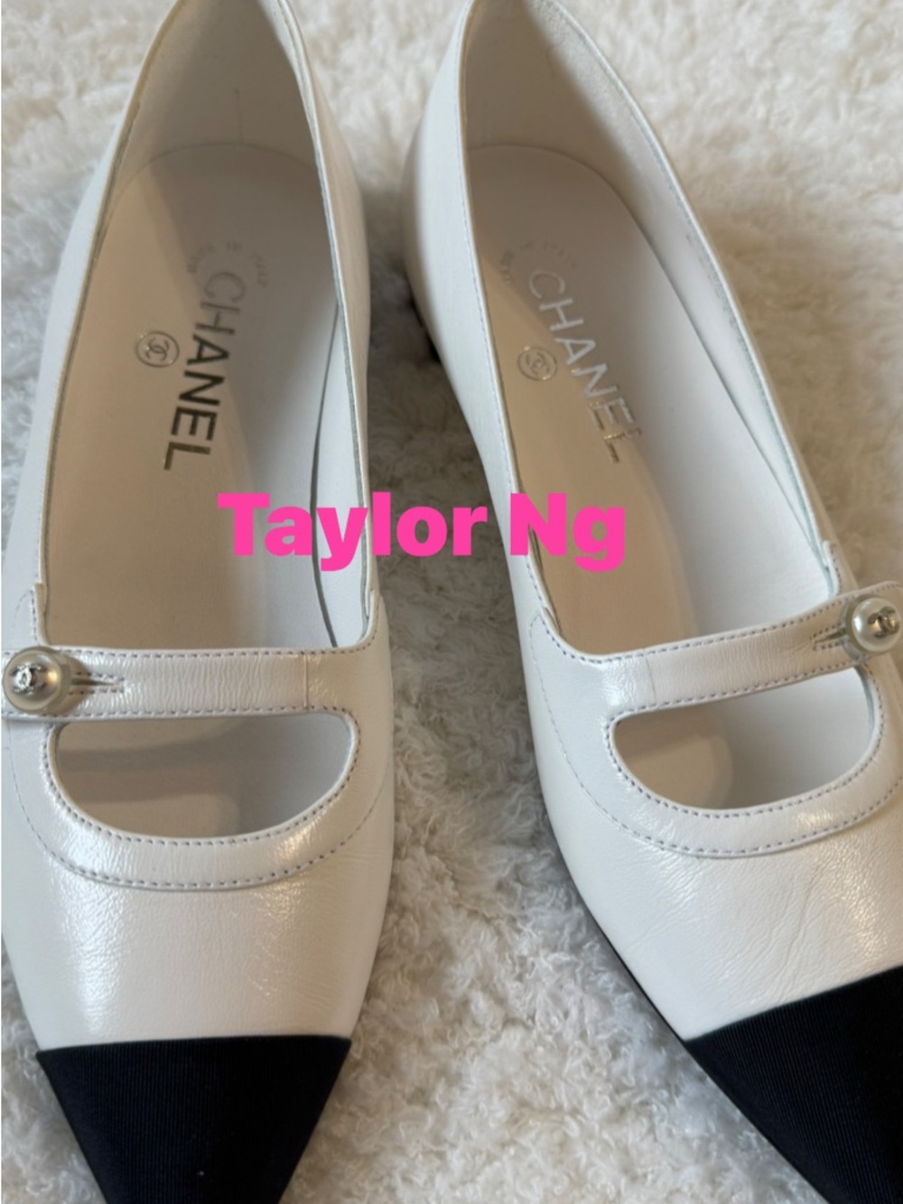 CHANEL White and Black Cap-Toe Mary Jane Flats with Pearl Accent